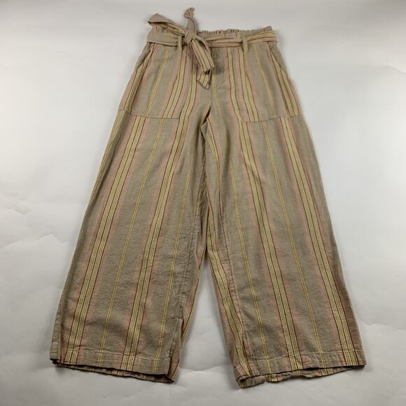 American Eagle Natural Stiped Linen Blend Wide Leg Cropped Pant M - Picture 1 of 7